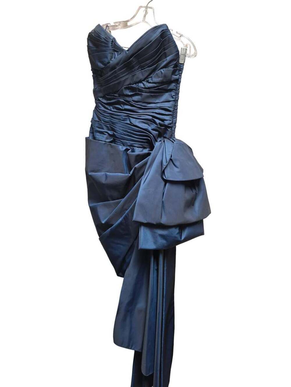 1980's Victor Costa Navy Blue Ruched Taffeta Cocktail Dress with Dramatic Bow